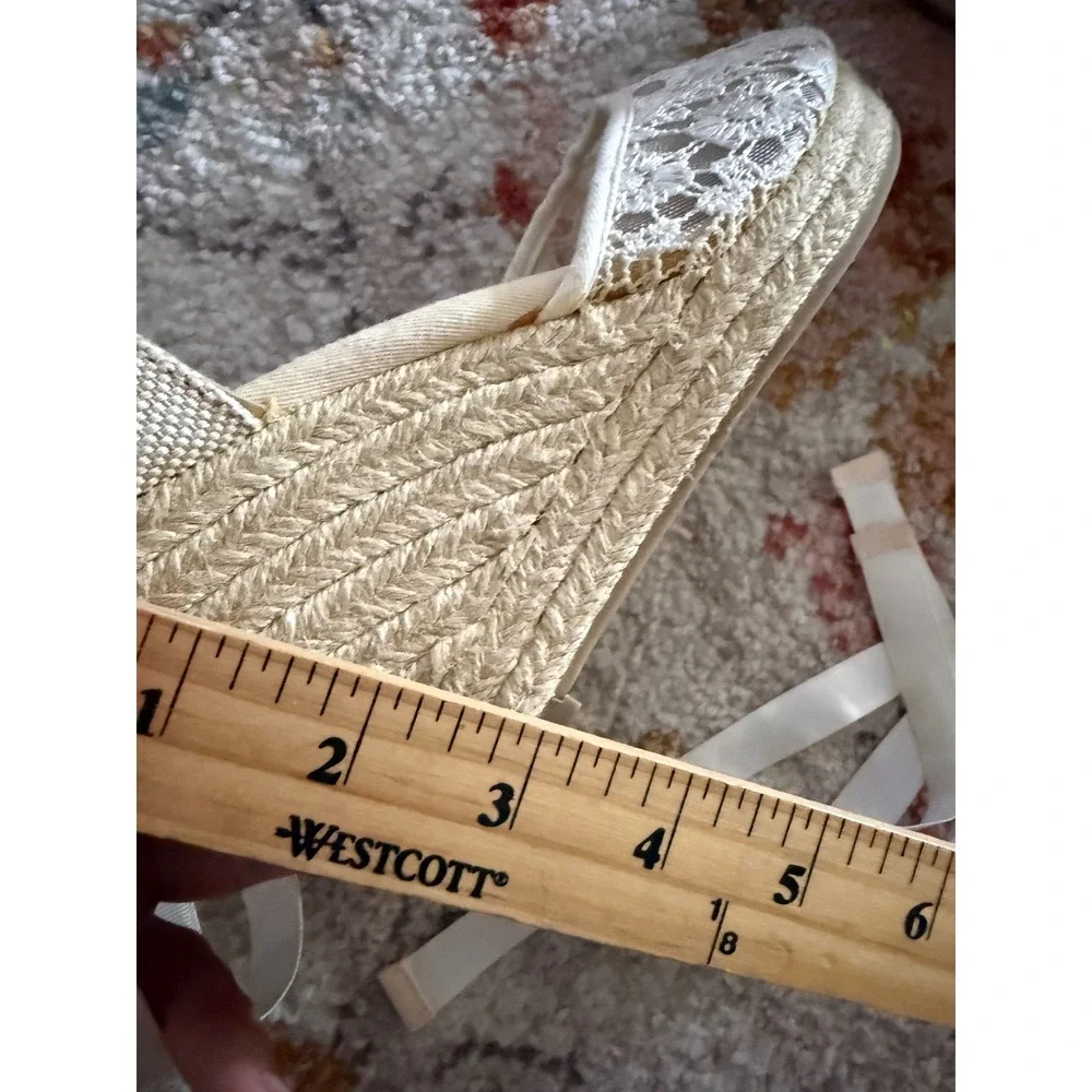 Elle Ivory Floral Lace Espadrille Wedge Heels Ribbon Ankle Tie Womens 9 Feminine